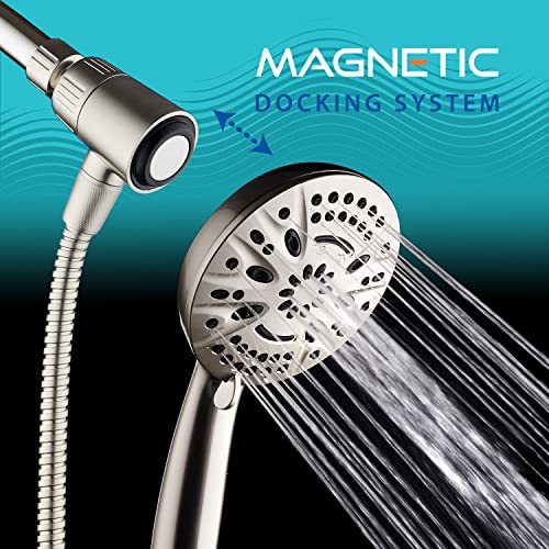AquaDance New Magnetic Docking 8-setting High Pressure Handheld Shower Head | Space-age Magnetic Guidance Bracket System, Giant 5-inch Face, Extra-long 72-inch Stainless Steel Hose - Nickel - color: All Nickel