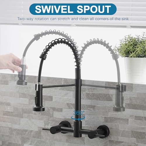 AIMADI Wall Mount Kitchen Faucet,Matte Black Kitchen Sink Faucet | with Pull Down Sprayer,8 inch 2 Handle Commercial Faucet for Kitchen Laundry Room Restaurant - color: Matte Black