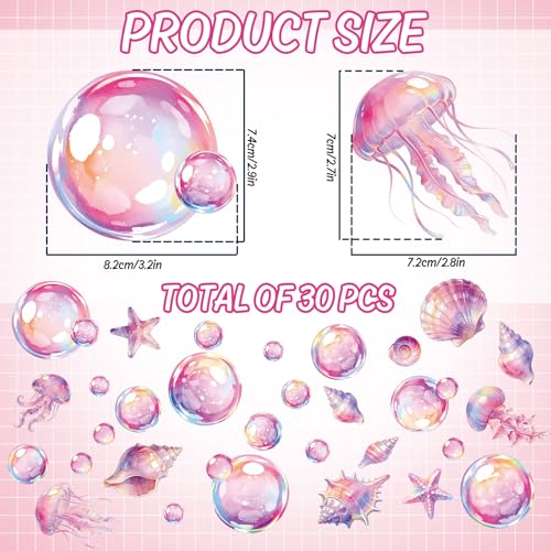 Whaline 30Pcs Bubble Non Slip Bathtub Stickers Adhesive Applique Decal Under the Sea Cartoon Bubble Shell Jellyfish Anti Slip Shower Tread with Scraper for Summer Bathroom Floor