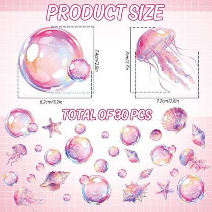 Whaline 30Pcs Bubble Non Slip Bathtub Stickers Adhesive Applique Decal Under the Sea Cartoon Bubble Shell Jellyfish Anti Slip Shower Tread with Scraper for Summer Bathroom Floor