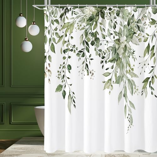Olive Green Eucalyptus Shower Curtain, Floral Print, 72x72 | Watercolor Plant Leaves Floral Print, Waterproof Fabric Bathroom Decor, Machine Washable, Rustproof Grommets - color: Olive Green, size: 72"W x 72"L (Pack of 1)