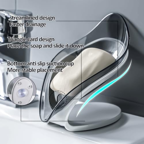 Leaf-Shaped Soap Dish – Premium Soap Bar Holder with Self-Drainage System – Bar Soap Holder for Shower, Bathroom Sink, Kitchen – Waterfall Soap Dish with Stand - color: Grey