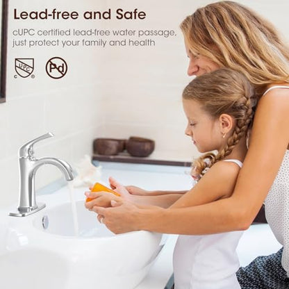 Polished Chrome Single Hole Bathroom Faucet, Single Handle Brass Bathroom Sink Faucet, Lavatory Vanity Faucet for 1 or 3 Holes, Bathroom Faucets with Pop Up Drain and Supply Lines, Deck Plate - color: A-Polished Chrome