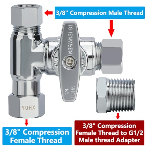 Brass 3/8" Compression Add-A-Tee Valve, T Adapter for TOTO Washlet Bidet | Angle Stop Valve Diverter for Toilet Handheld Sprayer, Dishwasher, Sink Faucet, 3/8x3/8x3/8 or 1/2 Water Line Splitter - size: 3/8"x3/8"x3/8" or G1/2 Toilet Bidet Sprayer T