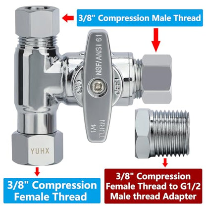 Brass 3/8" Compression Add-A-Tee Valve, T Adapter for TOTO Washlet Bidet | Angle Stop Valve Diverter for Toilet Handheld Sprayer, Dishwasher, Sink Faucet, 3/8x3/8x3/8 or 1/2 Water Line Splitter - size: 3/8"x3/8"x3/8" or G1/2 Toilet Bidet Sprayer T
