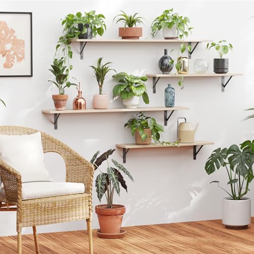 Long Wall Shelves, 47.3Inch Wooden Floating Shelves with Brackets | Large Floating Book Shelf, Set of 2, Wall Mount Storage Ledges, Easy Assembly, Max Load 33lbs, Living Room/Bathroom, Natural - color: Natural, size: 47.3 Inch