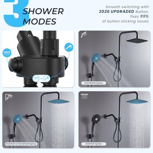 Dual Shower Head Combo, 8'' High Pressure Rain Shower Head with Handheld Spray, 6+1 Spray Settings Handheld Showerhead, Height Adjustable, One-touch Pause Button, Matte Black - color: Black