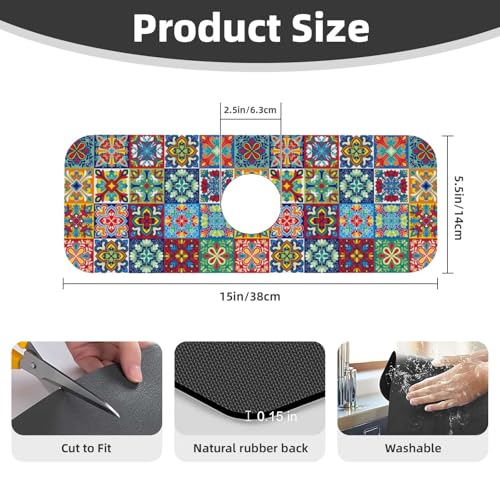 Talavera Mexican Ceramic Tile Floral Kitchen Sink Splash Guard Faucet Mat Super Absorbent Fast Drying Mat Sink Gadgets-Fast Drying Pad Sink Mat For Kitchen Bathroom (15" X 5.5" ) - color: Talavera Mexican Ceramic Tile