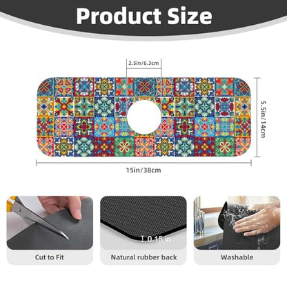 Talavera Mexican Ceramic Tile Floral Kitchen Sink Splash Guard Faucet Mat Super Absorbent Fast Drying Mat Sink Gadgets-Fast Drying Pad Sink Mat For Kitchen Bathroom (15" X 5.5" ) - color: Talavera Mexican Ceramic Tile