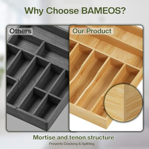 BAMEOS Bamboo Flatware Organizer 16.5×12.8 –Silverware Tray for Small Kitchen Drawers, 2" H Cutlery Holder | Forks, Spoons, Knives - size: 2''H 16x13