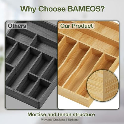 BAMEOS Bamboo Flatware Organizer 16.5×12.8 –Silverware Tray for Small Kitchen Drawers, 2" H Cutlery Holder | Forks, Spoons, Knives - size: 2''H 16x13