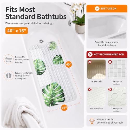 Yimobra Non Slip Bathtub Mat 40 x 16 Inch, Extra Long Shower Mat with Drain Holes, Machine Washable Baby Bath Mats, Strong Suction Cups for Bathroom Floor, Monstera - color: Monstera