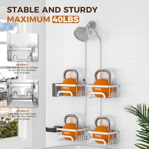 REINHARDT Split Shower Caddy Hanging for Handheld Showerheads, Silver | Adjustable Shower Organizer, Rustproof, 16 Hooks, Soap Holder, 40lbs Capacity, Anti-Slip, Tool-Free, Bathroom Accessories - color: Silver