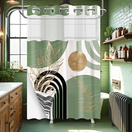 Sage Green Hookless Shower Curtain with Snap in Liner, Boho Mid Century Black and Light Green No Hook Double Layer Shower Curtains and Liner Set, Waterproof Cloth Fabric，60" W X 74" L - color: Green, size: 60"W x 74"L (Pack of 1)