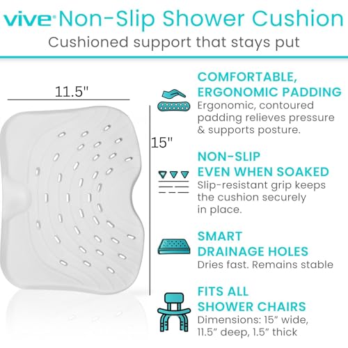 Vive Shower Seat Cushion - Comfortable Support for Pain Relief | Waterproof, Soft Padded & Non Slip for Tub Chairs, Transfer Benches, Bath Stool, Bathtubs - for Seniors, Elderly, Handicap