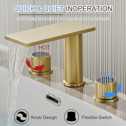 becola Brushed Gold Bathroom Faucet 3 Hole, 8 inch Widespread Bathroom Faucet with Top Storage, Waterfall Bathroom Faucet，2-Handle Modern Vanity Faucet with Adjust Knobs and Two Supply Lines - color: Gold