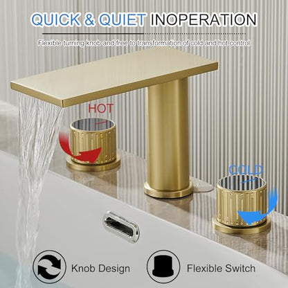 becola Brushed Gold Bathroom Faucet 3 Hole, 8 inch Widespread Bathroom Faucet with Top Storage, Waterfall Bathroom Faucet，2-Handle Modern Vanity Faucet with Adjust Knobs and Two Supply Lines - color: Gold