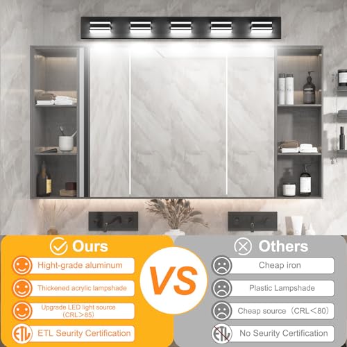 Ralbay Black Vanity Light Fixtures 40.5inch 5-Light Acrylic Modern LED Matte Black Bathroom Wall Vanity Lighting Fixtures Over Mirror - color: Black, size: 40.5 inch