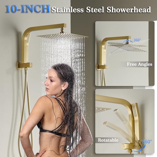 Brushed Gold Shower System with 10Inch Rain Shower Heads with Handheld Spray Combo, Gold Shower Faucet Set with Rain Shower and Handheld, Gold Shower Head and Handle Set(Shower Valve Kit Included) - color: Brushed Gold