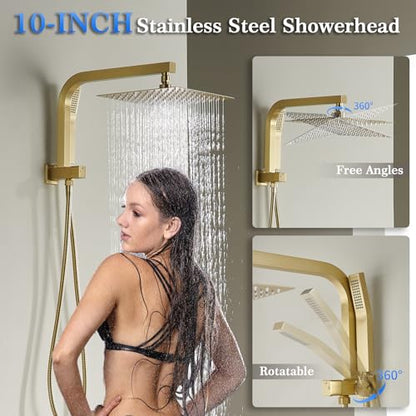 Brushed Gold Shower System with 10Inch Rain Shower Heads with Handheld Spray Combo, Gold Shower Faucet Set with Rain Shower and Handheld, Gold Shower Head and Handle Set(Shower Valve Kit Included) - color: Brushed Gold