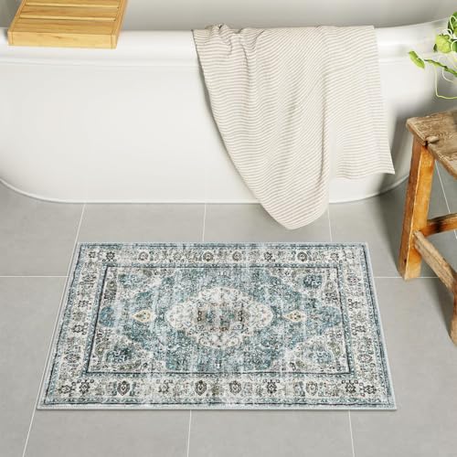 Uphome Blue Bathroom Rugs, Distressed Farmhouse Boho Bath Mat, Comfy Velvet Small Bath Rugs Non Slip Washable, Vintage Oriental Toilet Rug for Sink Shower Vanity, 18x26 inch - color: Blue, size: 18 x 26 inch (Rectangular)