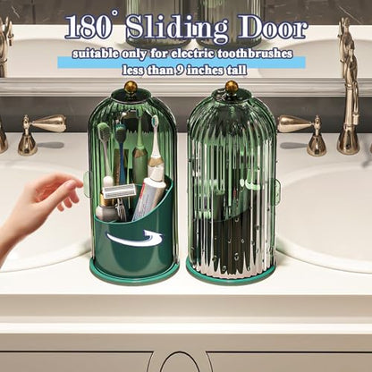 Toothbrush and Toothpaste Holders with Cover, All Green | Waterproof and Dustproof, 360° Rotating Base, Smooth Sliding Door, 3 Slots, for Bathroom Countertop - color: All Green