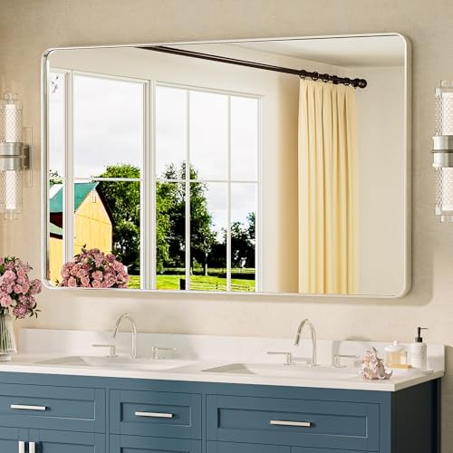 TETOTE Brushed Nickel Mirror 48 x 30 Brushed Nickel Metal Framed Bathroom Mirror, Tempered Glass, Modern Farmhouse Wall Mounted Mirror for Decorative(Horizontal/Vertical) - color: Brushed Nickel, size: 30"L x 48"W