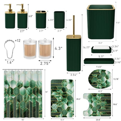 XLHOMO Bathroom Set - 26PC Bathroom Set with Shower Curtain and Rugs, Bathroom Accessory Set, Dark Green Bathroom Accessories Set, Trash Can & Soap Dispenser - style: Dark Green&Gold