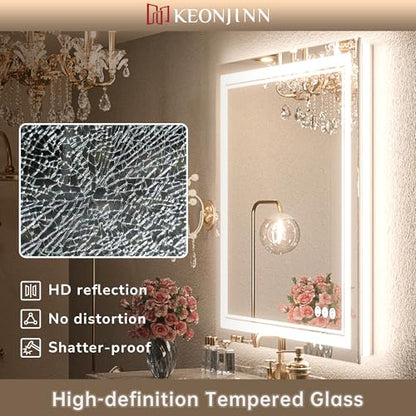Keonjinn 48 x 36 Inch LED Bathroom Mirror with Lights, Frontlit and Backlit | HD Tempered Glass, Separately Frontlit/Backlit, Double Light Strips, Stepless 3 Colors Temperature & Dimmable, Fast Defogging - size: 36"L x 48"W