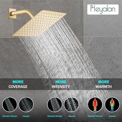 Heyalan 8 Inch Square Rain Shower Faucet Set with Valve, Brushed Gold | Female-thread 1/2-inch NPT connections, SUS304 shower head, brass rough-in valve, single-handle control Shower Set - color: Gold, size: 8 Inch Square Shower Head