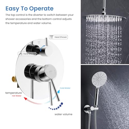 KIBI Circular Ceiling Mounted Shower System with 2-Function Faucet Set | Solid Brass Pressure Balanced Valve | Anti-Scald Design for Reliable Water Temperature Control (Chrome Finish, KSF408) - color: Chrome