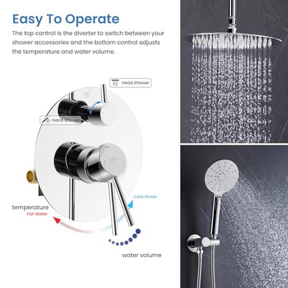 KIBI Circular Ceiling Mounted Shower System with 2-Function Faucet Set | Solid Brass Pressure Balanced Valve | Anti-Scald Design for Reliable Water Temperature Control (Chrome Finish, KSF408) - color: Chrome