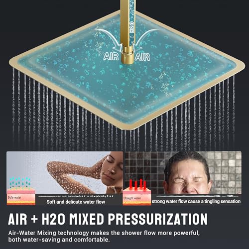 Brushed Gold Thermostatic Shower System with 6 Body Jets & 16-Inch Ceiling Rainfall Shower Head Luxury Full Body Shower Faucet with Handheld Sprayer, Shower Fixtures Set with Valve and Trim - color: Brushed Gold
