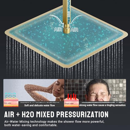 Brushed Gold Thermostatic Shower System with 6 Body Jets & 16-Inch Ceiling Rainfall Shower Head Luxury Full Body Shower Faucet with Handheld Sprayer, Shower Fixtures Set with Valve and Trim - color: Brushed Gold