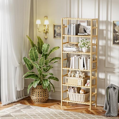 HITNET Bamboo Shelf, 6-Tier Adjustable Tall Open Bookcase, Bathroom Storage Rack Freestanding Shelving Unit, Plant Display Stand for Small Space, Natural - color: Natural