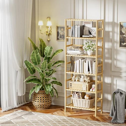 HITNET Bamboo Shelf, 6-Tier Adjustable Tall Open Bookcase, Bathroom Storage Rack Freestanding Shelving Unit, Plant Display Stand for Small Space, Natural - color: Natural