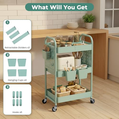 Rolling Cart, Movable Utility Organizer with Retractable Dividers & Pegboards for Kitchen, Bathroom, Office - color: Green