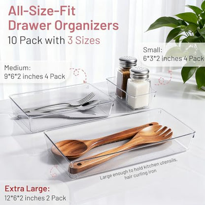 10 Pack Large Drawer Organizer Bins - Clear Plastic Bathroom Drawer Organizer Trays - Heavy Duty Kitchen Drawer Dividers for Utensils - Non-Slip Storage Bins for Makeup, Bedroom, Office Desk - size: 10 Pack
