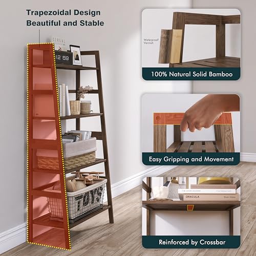 HITNET Bathroom Wall Cabinet and Ladder Shelf, Bamboo Over Toilet Hanging Storage Organizer with Adjustable Shelf, Space Saving Leaning Book Shelf, Walnut