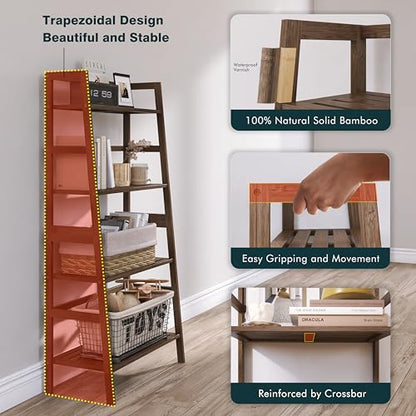 HITNET Bathroom Wall Cabinet and Ladder Shelf, Bamboo Over Toilet Hanging Storage Organizer with Adjustable Shelf, Space Saving Leaning Book Shelf, Walnut