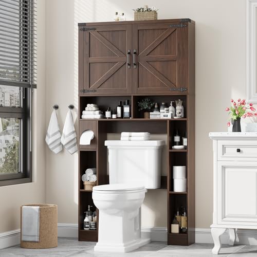 Vabches Home Space-Saving Toilet Rack with 2 Barn Doors, Espresso | Farmhouse Over The Toilet Storage Cabinet, with Toilet Paper Holder Stand, for Laundry, Restroom, Bathroom