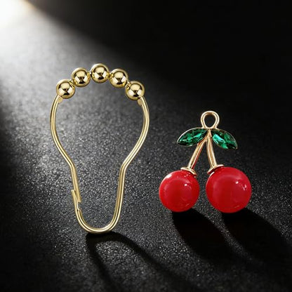 Set of 12 Cherries Shower Curtain Hooks Rings, Red Cherry Pendant Decoration, Fruit Style for Kids Bathroom, Stainless Steel Hooks Rustproof (Red-Cherry)