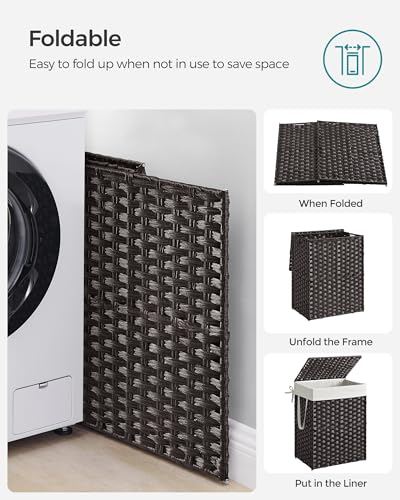SONGMICS Laundry Hamper with Lid, 23.8 Gallon (90 L) Synthetic Rattan Clothes Laundry Basket with Lid and Handles, Foldable, Removable Liner, Black ULCB51BK - color: Black, size: 90 L