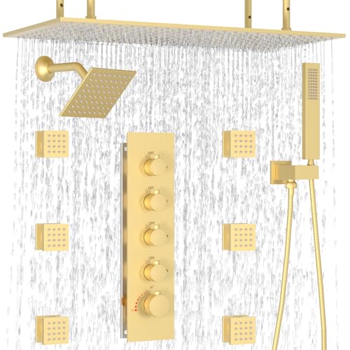 HOMEDEC 15.7x31.5" Rainfall and 6" Dual Shower Heads with Handheld Spray Combo, Full Body Shower System with 6pcs Body Jets, Brushed Gold - color: Brushed Gold, style: 4-Way + 1x 6" Top
