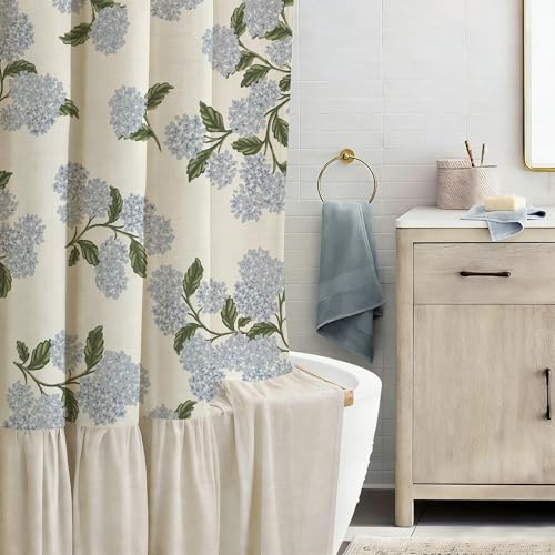 ORTIGIA Linen Textured Ruffle Shower Curtain with Metal Hooks, Vintage Blue Floral Hydrangea Boho Waterproof Bath Curtain for Rustic Farmhouse Bathroom Decor 72x72 Inch - color: Floral Hydrangea, size: 72"W x 72"L (Pack of 1)