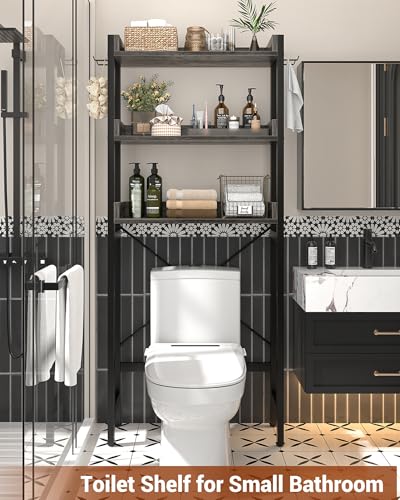 Ecoprsio Over-The-Toilet Storage Rack, 3-Tier Bathroom Organizer Shelf Over Toilet, Freestanding Space Saver Toilet Stands with 4 Hooks, Grey - color: Grey Oak