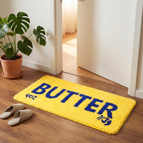 Drydiet Butter Rug 39.5'' x 18.5 '' Bathroom Runner Rug Bright Yellow Long Bath Mat Shaggy Non Slip Runner Mat Large Water Absorbent Bath Carpet Tub Sink Carpet for Kitchen Floor Bathtub Bedroom