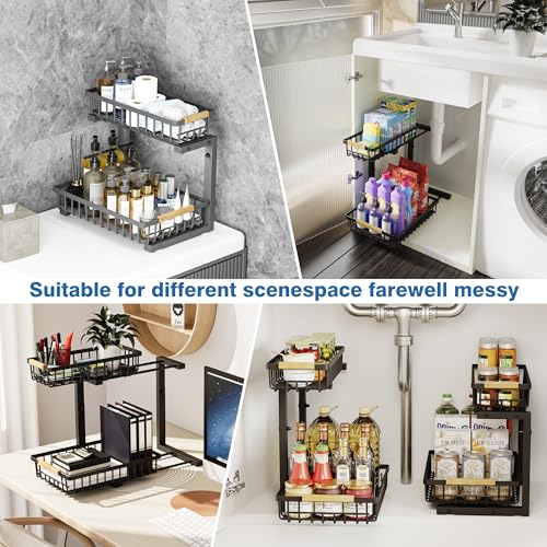 Under Sink Organizers, 2 Tier Pull Out Under Cabinet Organizer，Height Adjustable Pull Out Cabinet Drawers, Metal Sliding Drawer for Kitchen Bathroom Pantry Cabinet Closet Organization Rack，2 Packs