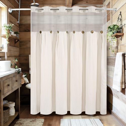 ASPMIZ Farmhouse Striped Shower Curtain and Liner Set No Hook, Beige 71x74 | No Hook Shower Curtain with Snap in Liner Fabric, Rustic Washable Waterproof Bathroom Curtains with Button, Mesh Top Window - color: Beige Striped, size: 71"W x 74"L (Pack of 1),