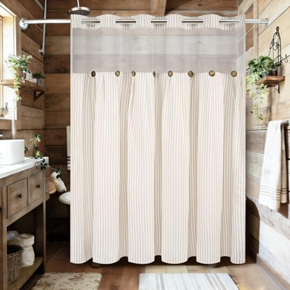 ASPMIZ Farmhouse Striped Shower Curtain and Liner Set No Hook, Beige 71x74 | No Hook Shower Curtain with Snap in Liner Fabric, Rustic Washable Waterproof Bathroom Curtains with Button, Mesh Top Window - color: Beige Striped, size: 71"W x 74"L (Pack of 1),